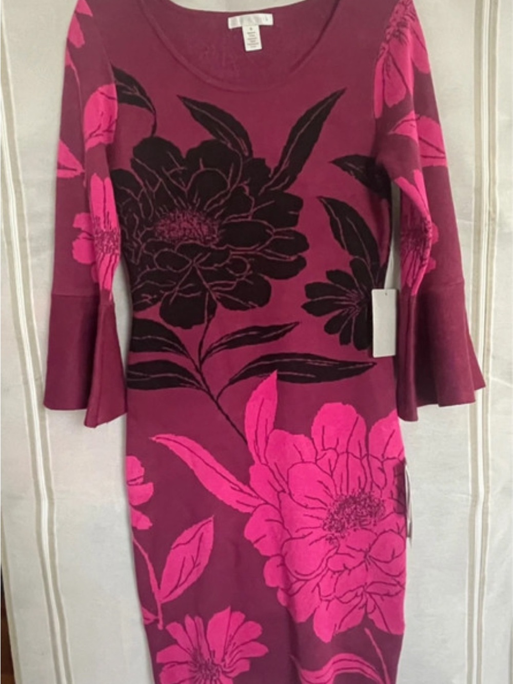 London Times Berry Floral Scoop-Neck Midi Dress with Hot Pink Blooms